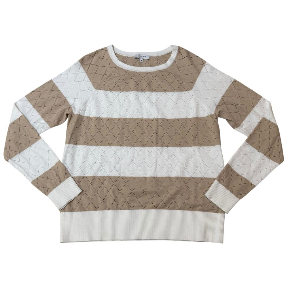 j. society Raglan Sweater Pointelle Argyle Knit Striped Stripes Cream Tan Medium